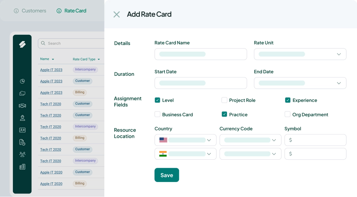 A UI screen showing Rate Card setup fields