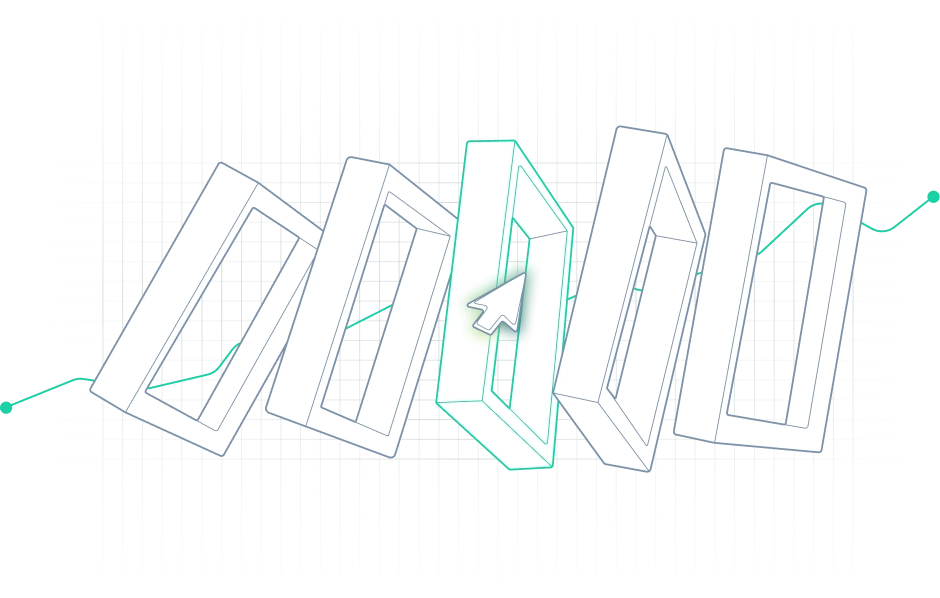 An abstract illustration showing 4 boxes crossed with a line trending up.