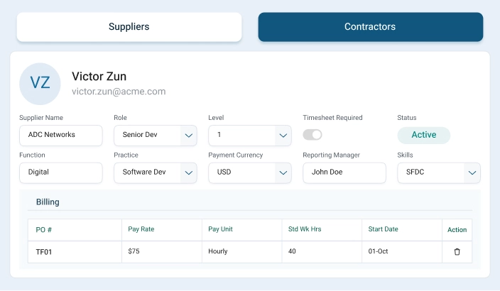 A UI card with contractor information fields to be configured