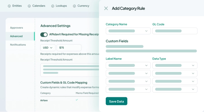 A UI screen showing a panel with category rule setup fields