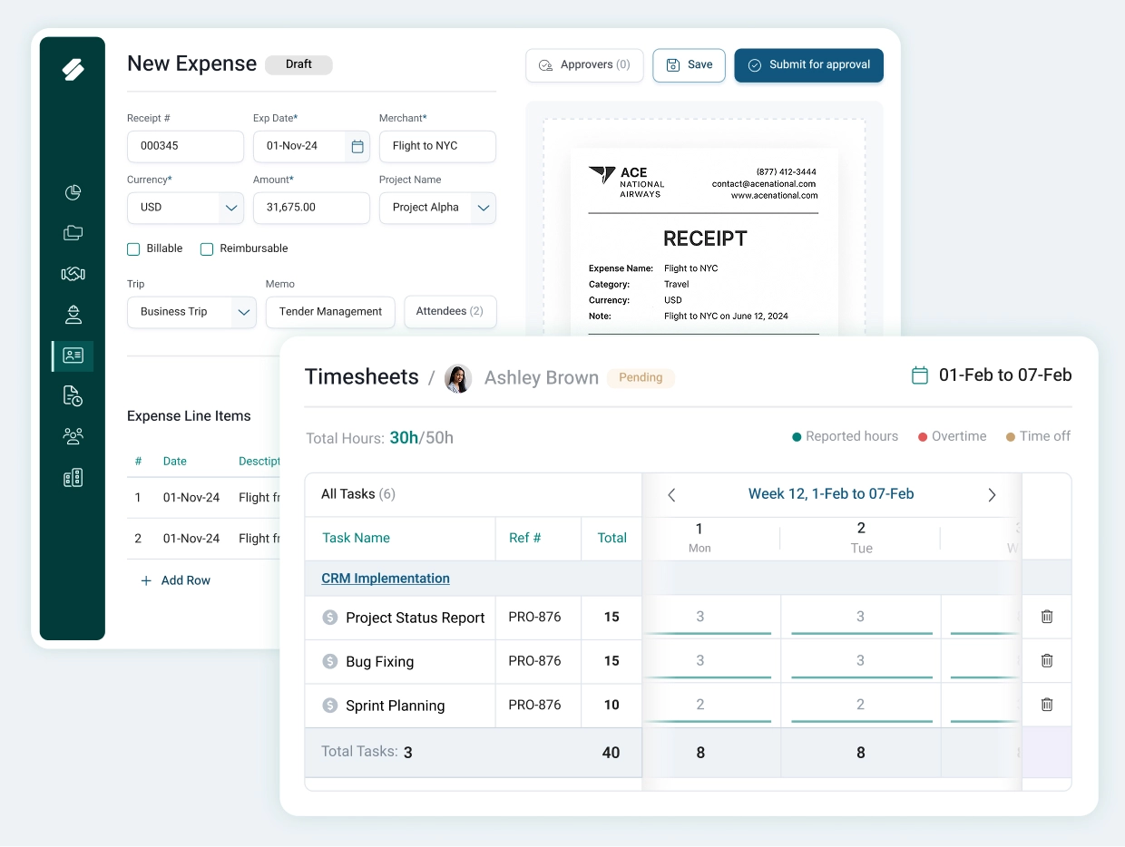 Product UI screens showing expense and resource timesheet capturing